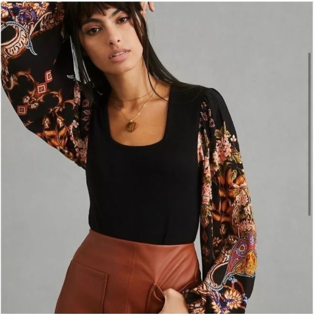 Anthropologie BL-NK Printed Sweater Sleeve Top Large Petite Black Floral Print